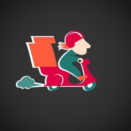 funny pizza delivery man on red motorbike. cartoon character in retro style. it can be used for decorating of invitations, cards, menu, decoration for bags and clothes.