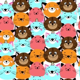 funny multicolored  head of cats in kawaii style on a white background seamless pattern for children