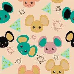 comic cute very bright vector illustration seamless pattern in kawaii design. mouse faces with different emotions decorated with cheese.