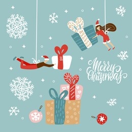 christmas, new year celebration cards. small people with big gift boxes, presents in hands. poster for social media, banner. elves on the ropes build a stack of gifts. flat design illustration.