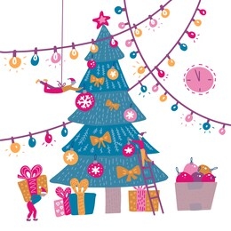 group of small people decorating christmas tree. little men wrapping presents under decorated christmas tree. xmas card hand drawn simple illustration