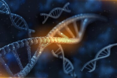 abstract 3d image render of dna chain on blurred background. gene mutation science, healthy and medical medicine concept.