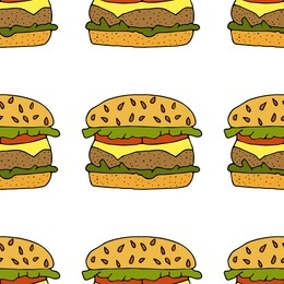 hamburger, cheeseburger. seamless pattern. hand drawn vector illustration.   doodles or cartoon style.
