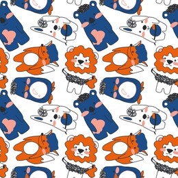 sweet bath time animals seamless pattern. bright simple leon, penguin, hare, bear and fox on white background. cartoon kawaii characters endless illustration.