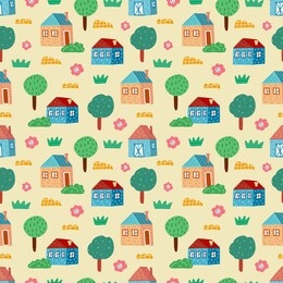 cute colorful seamless pattern with hand drawn houses, trees, plants. village background. vector illustration