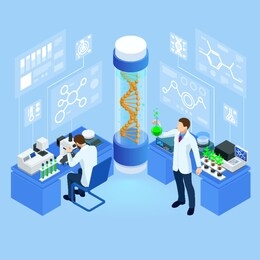 isometric concept of laboratory exploring new methods of plant breeding and agricultural genetics. plants growing in the test tubes. organic food ,agriculture and hydroponic