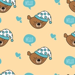 cute seamless background with funny teddy bear. vector illustration. pattern with a bear in pajama hat.