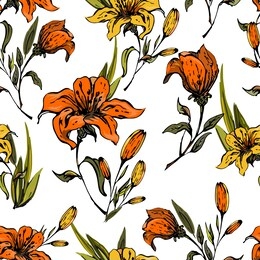 floral elegant seamless pattern with the image of garden lilies on a white background. orange and yellow flowers and buds are located randomly. vector for print, textile, fabrics, wallpaper, tile.