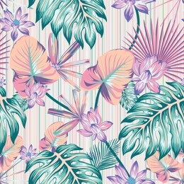winter cold style tropical flowers and leaves illustration vector repeat pattern seamless floral wallpaper in abstract color stripe background. trendy beach style exotic jungle creative template print