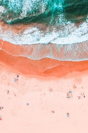 people crowd on beach, aerial view in summer