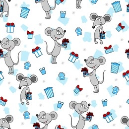 vector seamless pattern grey mouse with gifts. cartoon style christmas theme picture.
