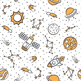 space, planets, stars and rockets. cosmic seamless pattern in doodle and cartoon style. hand drawn vector illustration.
