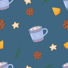 christmas seamless pattern with winter drinks, cookies, oranges and gingerbread