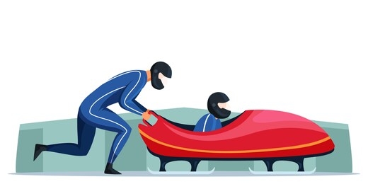two cartoon sportsmen on track ready for competitive race. bobsled winter sport. bobsledding athletes. championship competition. vector flat sporting equipment illustration