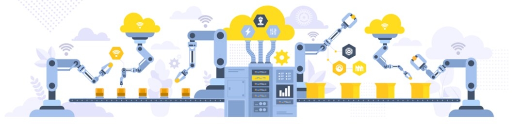 assembly line with robotic arms flat illustration. automated production process, high tech machinery. industrial revolution concept
