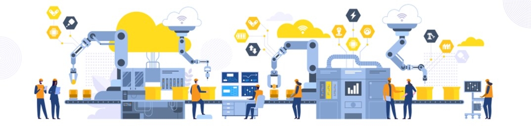 assembly line with robotic arms flat illustration. male and female factory workers, engineers cartoon characters. automated production process, high tech machinery. industrial revolution concept