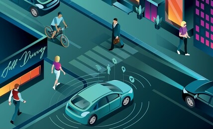 this colourful isometric illustration shows a smart car in city traffic with sensor autonomous drive on road city 