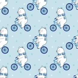 seamless cute pattern, polar bear rides on a bicycle, snow, snowflakes, bear in a scarf, outdoor activities, winter. vector illustration for children.