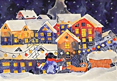 cartoon story about happy childhood, friendship. boy and dog looking at a fabulous city from snow-covered roof. winter illustration for christmas card, new year poster, notebook cover, baby book.