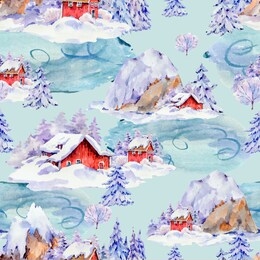 watercolor Сhristmas seamless pattern, ice lake, winter red houses covered with snow in scandinavian style, happy new year natural texture, vintage mountains landscape 