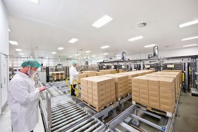 workers with digital tablets at food packaging production line