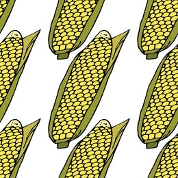 ripe corn cob with leaves.  seamless pattern. hand drawn vector illustration.   doodles or cartoon style.
