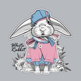 vector white rabbit with hat and knitted scarf. hand drawn illustration of dressed rabbit.