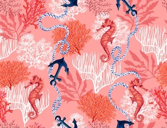 beautiful hand drawn botanical vector seamless pattern illustration with tropical corals sea horse, anchor ropes. isolated on coral background.