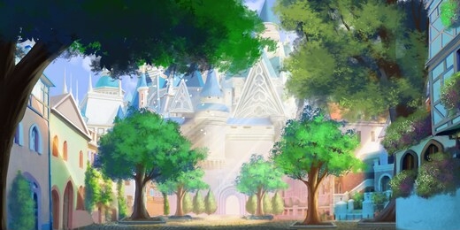 the entrance of magic school. wizard academy. fantasy castle and town backdrop. medieval scenery. concept art. realistic illustration. video game digital cg artwork background.
