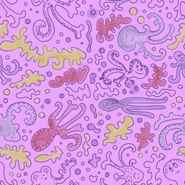 cartoon octopus seamless pattern. children background with a octopus. sea world illustration. hand drawn drop with a funny doodle style octopus and corals