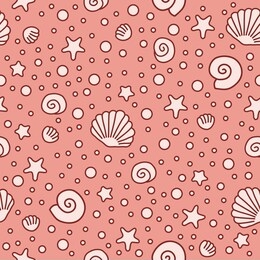 vector pattern seamless light pink shells sea stars on red coral background cute fabric