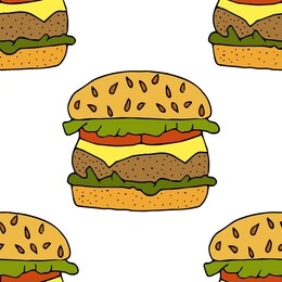 hamburger, cheeseburger. seamless pattern. hand drawn vector illustration.   doodles or cartoon style.
