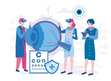  profession ophthalmologist. vr ar in medicine, human eye projection, virtual reality glasses, vector illustration for web, infographics, mobile.medicine research therapy health analysis laboratory 
