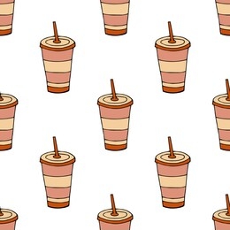 glass of drink with a lid and a straw.seamless pattern. hand drawn vector illustration.   doodles or cartoon style.
