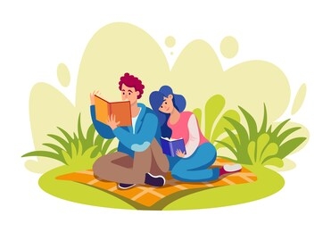 books reading flat vector illustrations set. literature lovers. men and women enjoying novel, studying together. students learning and reading textbooks cartoon characters isolated on white background