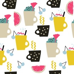 seamless vector pattern. cups with drinks and desserts on a white background.