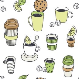 tea time vector seamless pattern, coffee break background, hand drawn doodle plastic coffee and tea cups with dessert, sugar, lemon, mint on floral leaf background