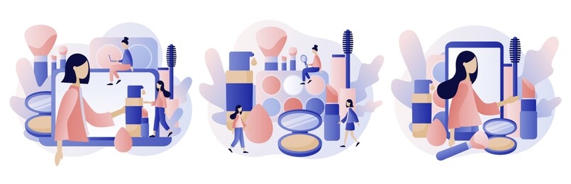 makeup consept. beauty blog, beauty salon, makeup courses, make up artist, cosmetics masterclass, face care and beauty. modern flat cartoon style. vector illustration on white background