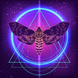 moth over mandala. beautiful vintage round pattern. vector illustration. psychedelic neon composition. indian, buddhism, spiritual tattoo, yoga, spirituality. sticker, patch, poster graphic design.
