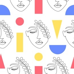 seamless pattern with woman faces and geometric figures