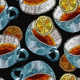 embroidery cup of tea and lemon slices, seamless pattern. fashion autumn art. template of clothes, tapestry, t-shirt design