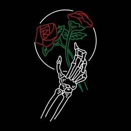 skull hand holding rose white lineart drawing vector