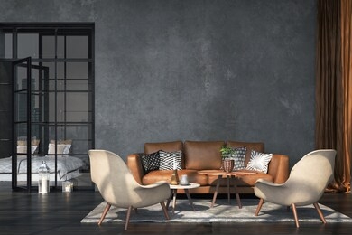 living room interior in loft, industrial style, 3d render