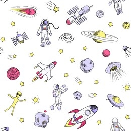 seamless pattern with space objects. vector colorful doodle space ships, rocket, planets, flying saucers, astronauts, stars, comets, ufo etc. hand drawn style.