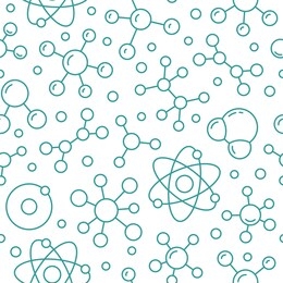 molecule background, abstract science seamless pattern. medical, chemistry wallpaper with atom line icons. scientific research vector illustration, blue white color.