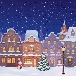 vector xmas card with a decorated snowy old town at christmas eve