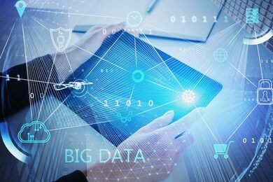 businesswoman with tablet computer working in office with double exposure of cityscape and big data interface. concept of cloud computing and hi tech in business. toned image