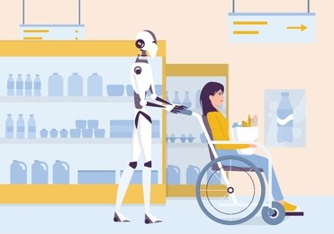 personal robot for disabled people assistance. ai helps people in their life. young disabled character sitting in a wheelchair. woman on wheelchair shopping. vector illustration in cartoon style