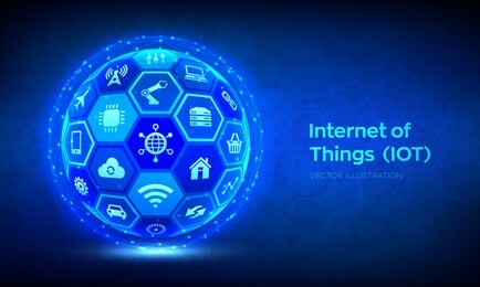 iot. internet of things concept. everything connectivity device concept network, and business with internet. abstract 3d sphere or globe with surface of hexagons with icons. vector illustration.