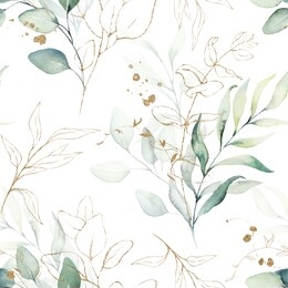 seamless watercolor floral pattern - green & gold leaves, branches composition on white background, perfect for wrappers, wallpapers, postcards, greeting cards, wedding invitations, romantic events.